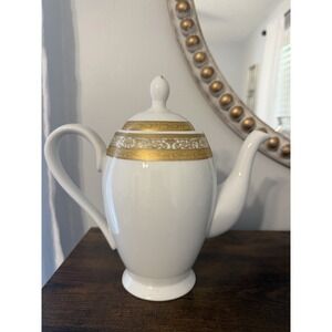 Vintage‎ GNA Fine Porcelain Coffee Pot White Gold Encrusted Trim 8.75" Tea Pot